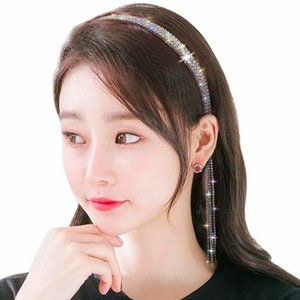 Triple Row Rhinestone Headband Hair Bling Silver w/Clear Stones & Side Tassels